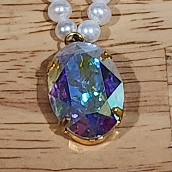 Aurora Borealis Teardrop Crystal Costume Faux  Pearl Pendant Necklace Chain 18" - Picture 3 of 8